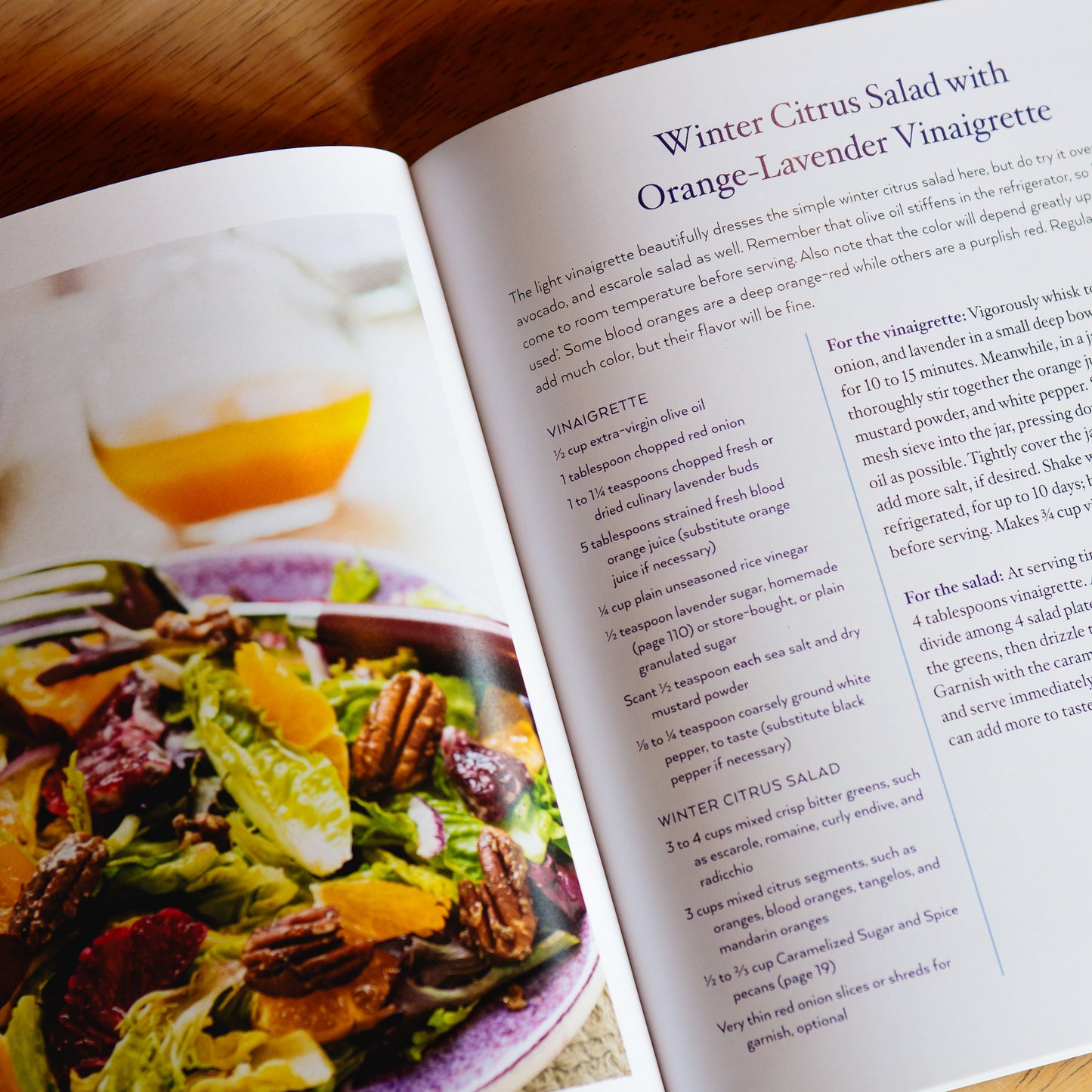 Open page of 'The Art of Cooking with Lavender' by Nancy Baggett featuring Winter Citrus Salad with an Orange-Lavender Vinaigrette.