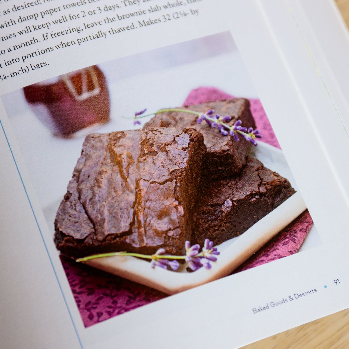 Open page of 'The Art of Cooking with Lavender' by Nancy Baggett featuring chocolate lavender brownies