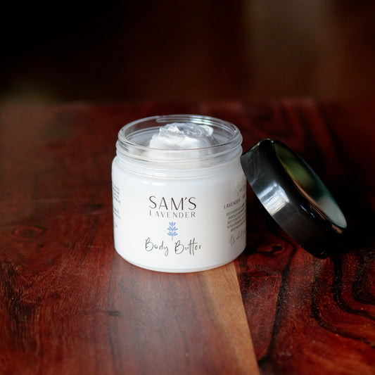 Jar of Sam's Lavender Body Butter with the lid off