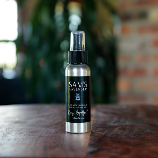 aluminum bottle of sam's lavender hydrosol and essential oil bug repellent