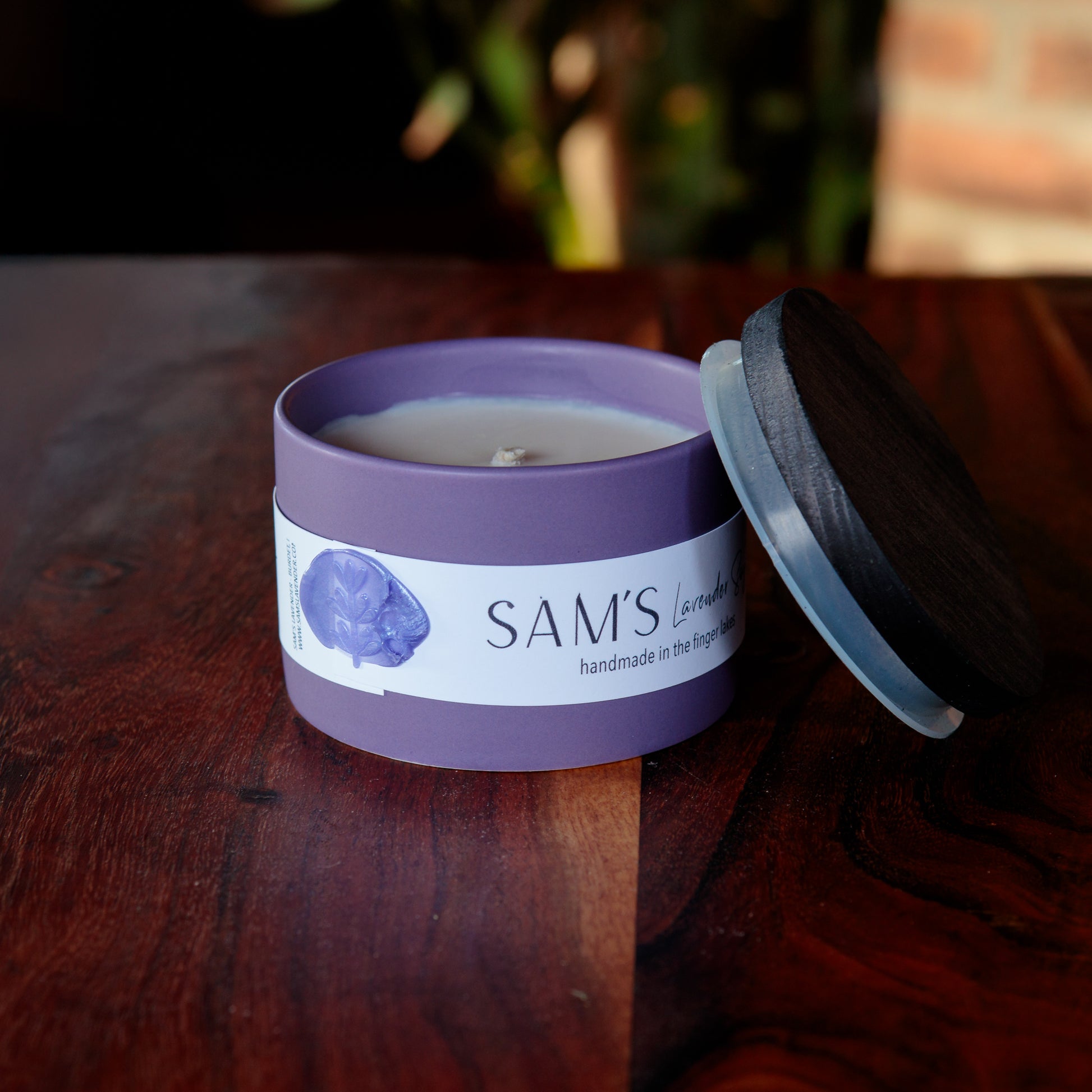 lavender soy candle with lid off