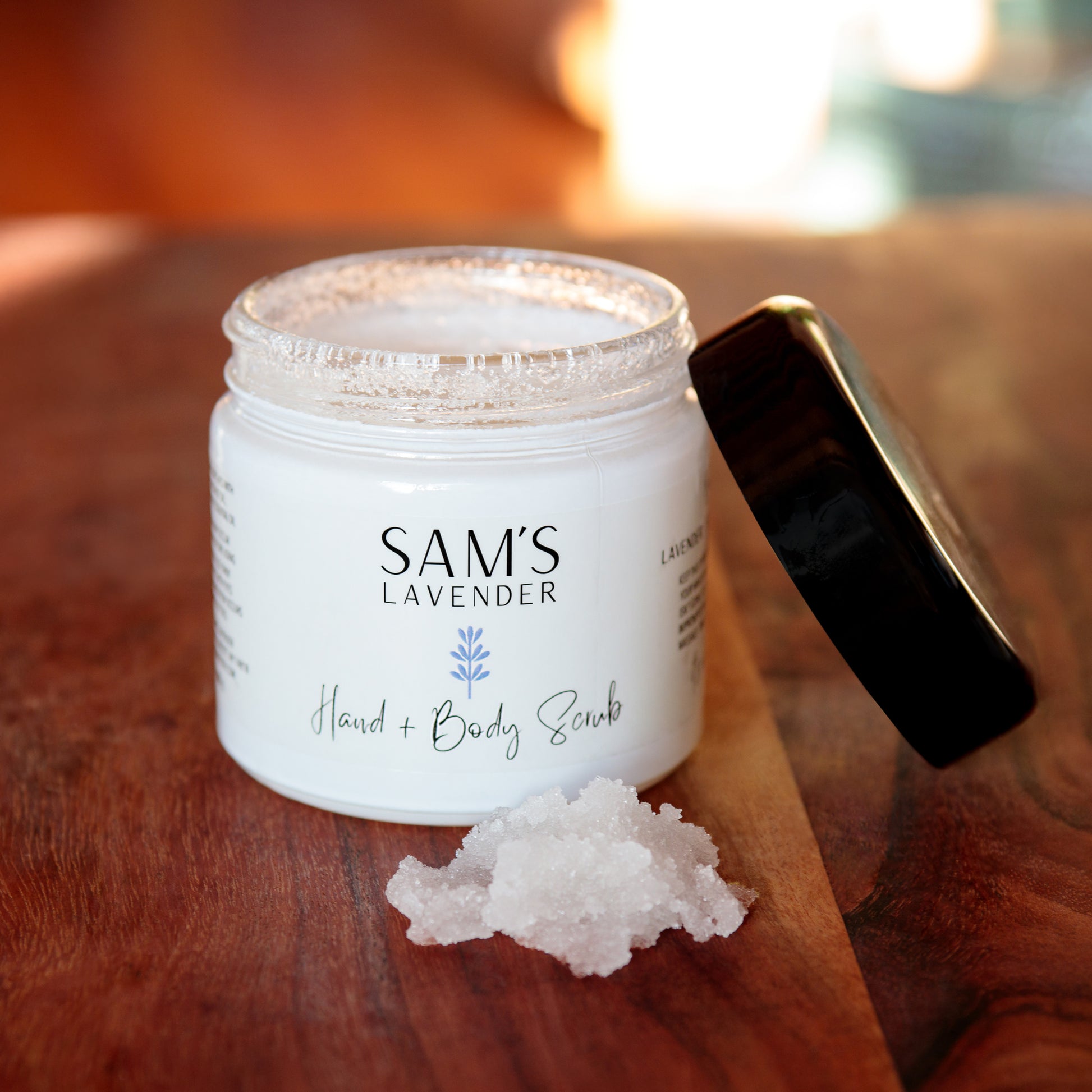 Jar of Sam's Lavender Sugar Scrub with the lid off