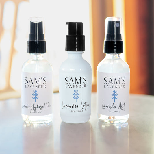lavender hydrosol toner, lotion, and mist bottles